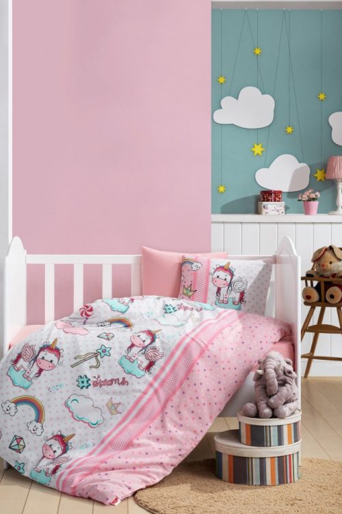 Flanel Bebek Nevresim Takımı Unicorn Pembe