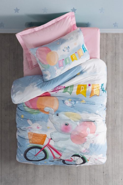 Junior Tek Kişilik Lastikli Çarşaflı Nevresim Takımı Happy Pembe