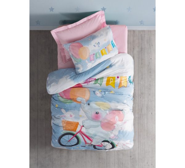 Junior Tek Kişilik Lastikli Çarşaflı Nevresim Takımı Happy Pembe