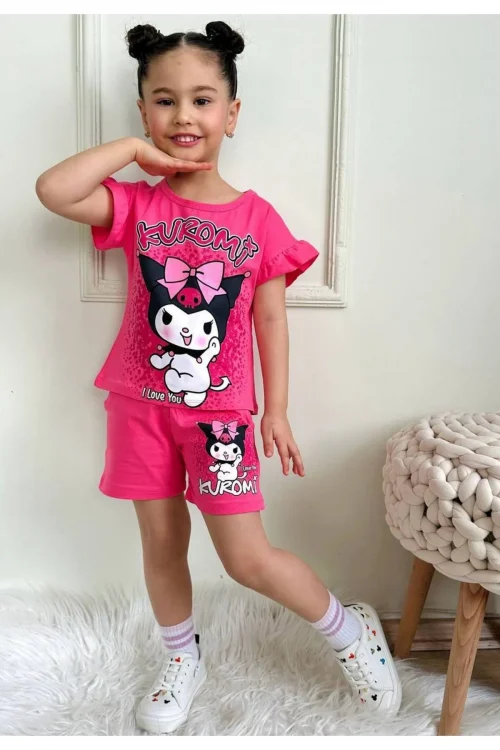 Kuromi Baskılı Alt Üst T-Shirt Şort Takım. Yazlık şortlu takım. % 100 Pamuk Alt Üst Takım