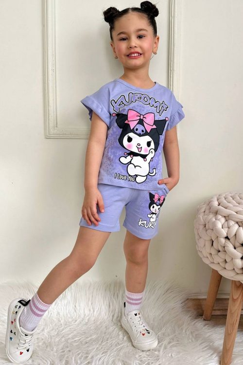 Kuromi Baskılı Alt Üst T-Shirt Şort Takım. Yazlık şortlu takım. % 100 Pamuk Alt Üst Takım